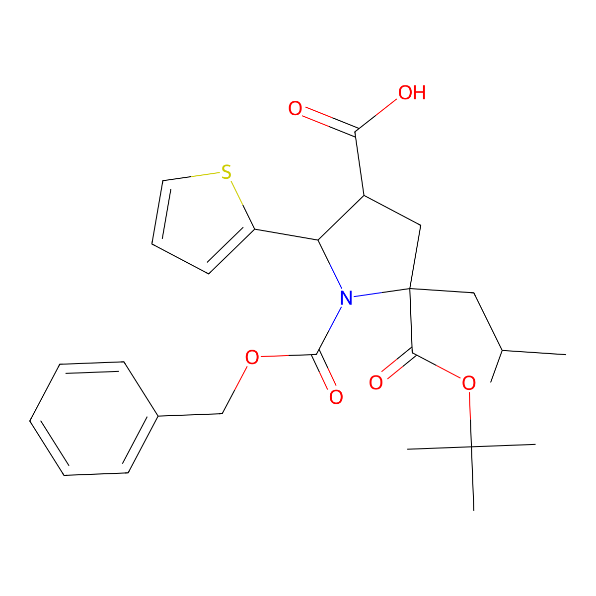 (2R,3S,5S)-1-[(benzyloxy)carbonyl]-5-[(tert-butoxy)carbonyl]-5-(2-methylpropyl)-2-(thiophen-2-yl)pyrrolidine-3-carboxylic acid molecular structure, CAS 1486465-71-7