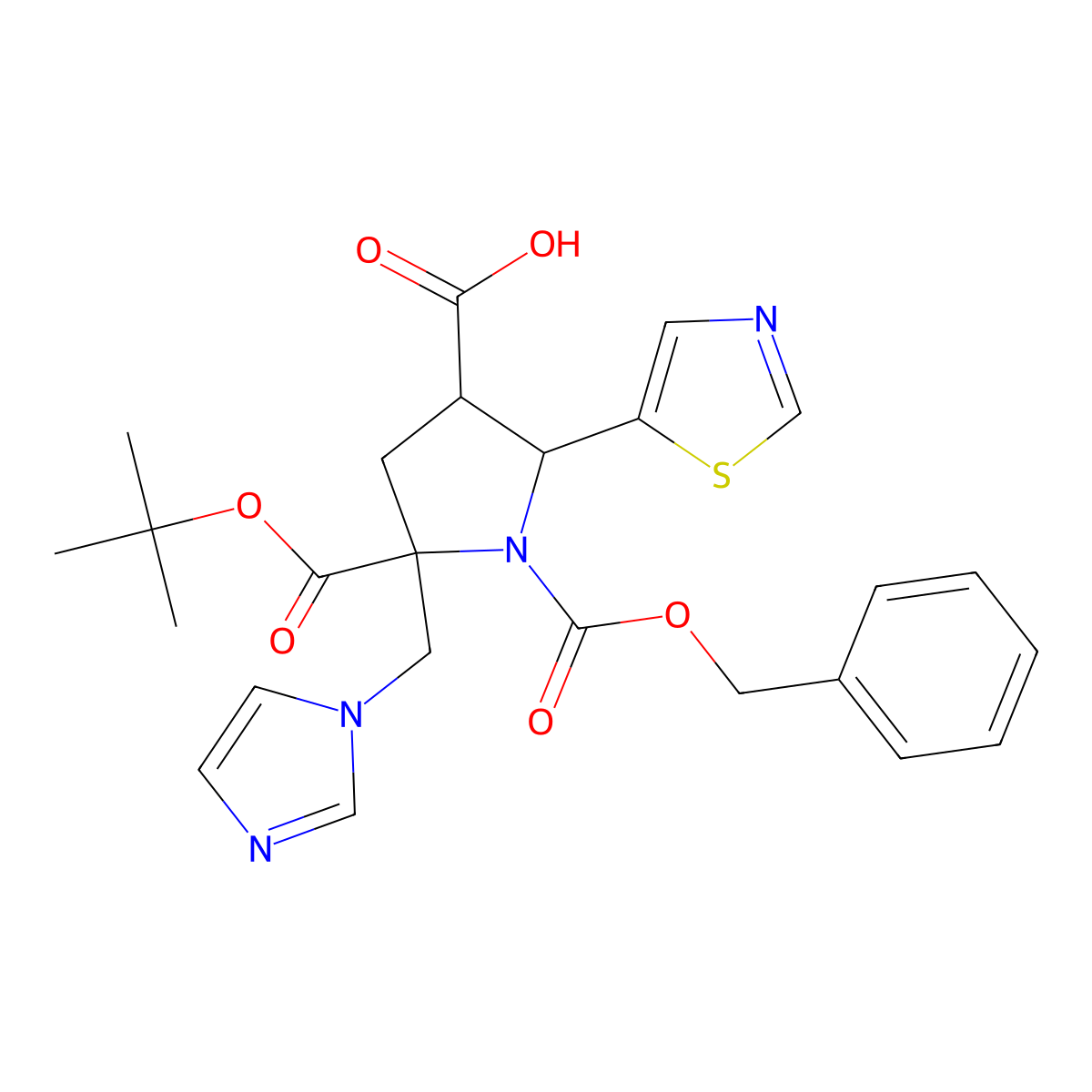 (2R,3S,5R)-1-[(benzyloxy)carbonyl]-5-[(tert-butoxy)carbonyl]-5-[(1H-imidazol-1-yl)methyl]-2-(1,3-thiazol-5-yl)pyrrolidine-3-carboxylic acid molecular structure, CAS 1486470-44-3