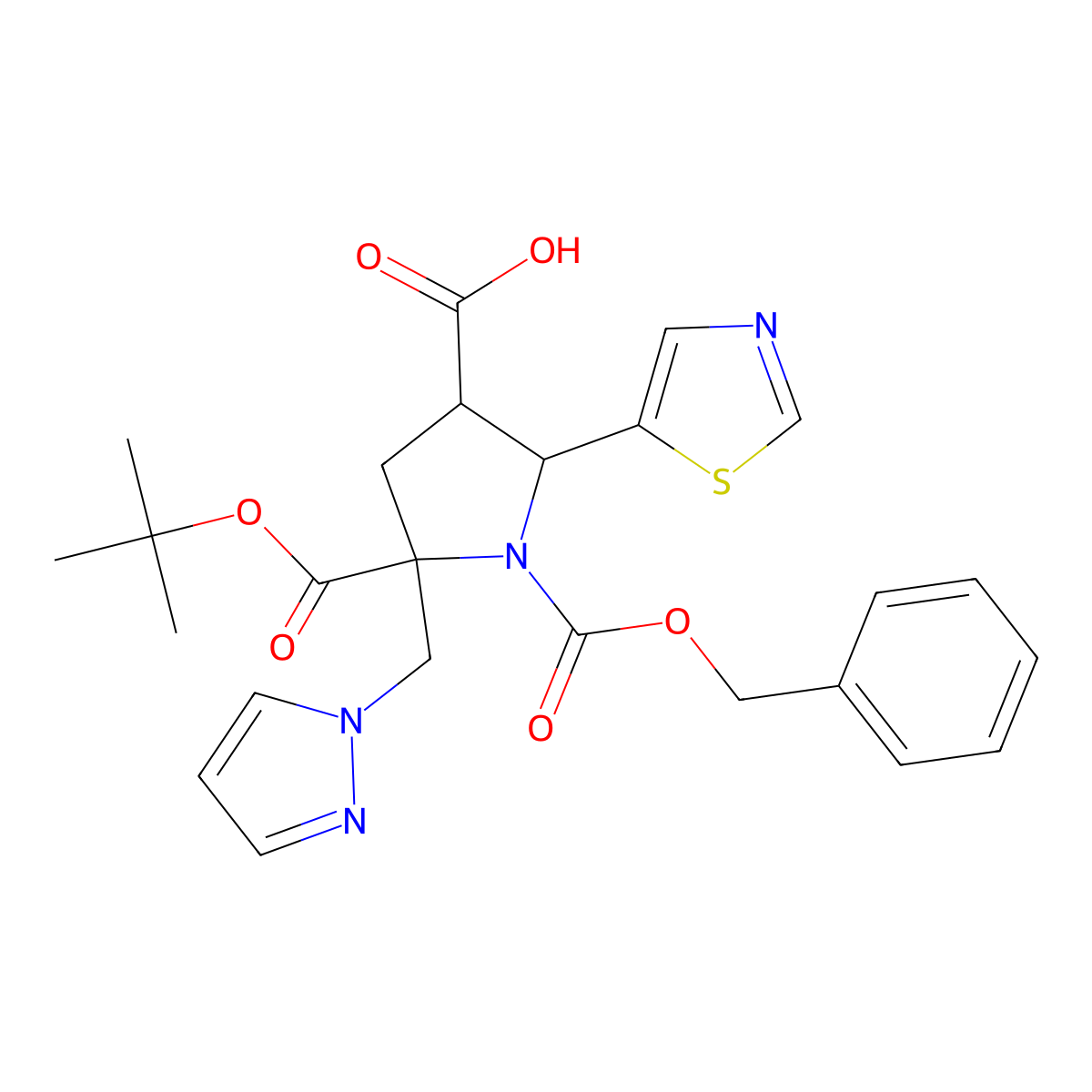 (2R,3S,5R)-1-[(benzyloxy)carbonyl]-5-[(tert-butoxy)carbonyl]-5-[(1H-pyrazol-1-yl)methyl]-2-(1,3-thiazol-5-yl)pyrrolidine-3-carboxylic acid molecular structure, CAS 1486470-49-8