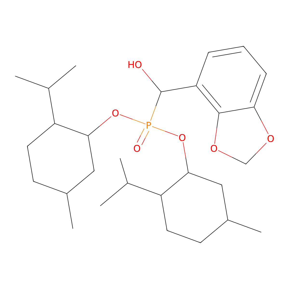 bis[(1R,2S,5R)-5-methyl-2-(propan-2-yl)cyclohexyl] [(R)-(1,3-dioxaindan-4-yl)(hydroxy)methyl]phosphonate molecular structure, CAS 1486471-08-2