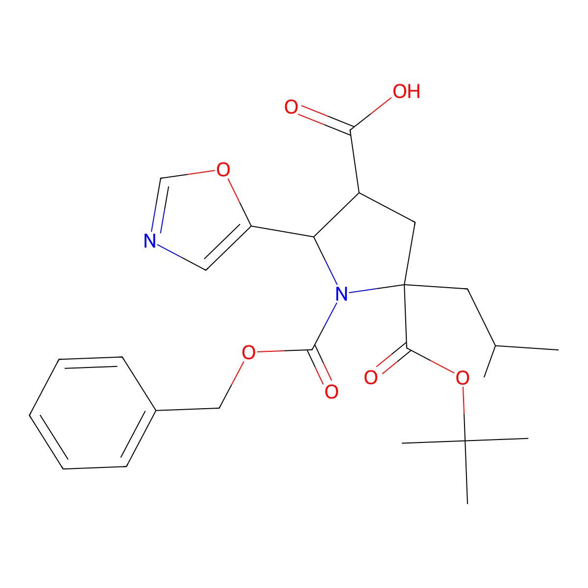 (2R,3S,5S)-1-[(Benzyloxy)carbonyl]-5-[(tert-butoxy)carbonyl]-5-(2-methylpropyl)-2-(1,3-oxazol-5-yl)pyrrolidine-3-carboxylic acid molecular structure, CAS 1486472-96-1