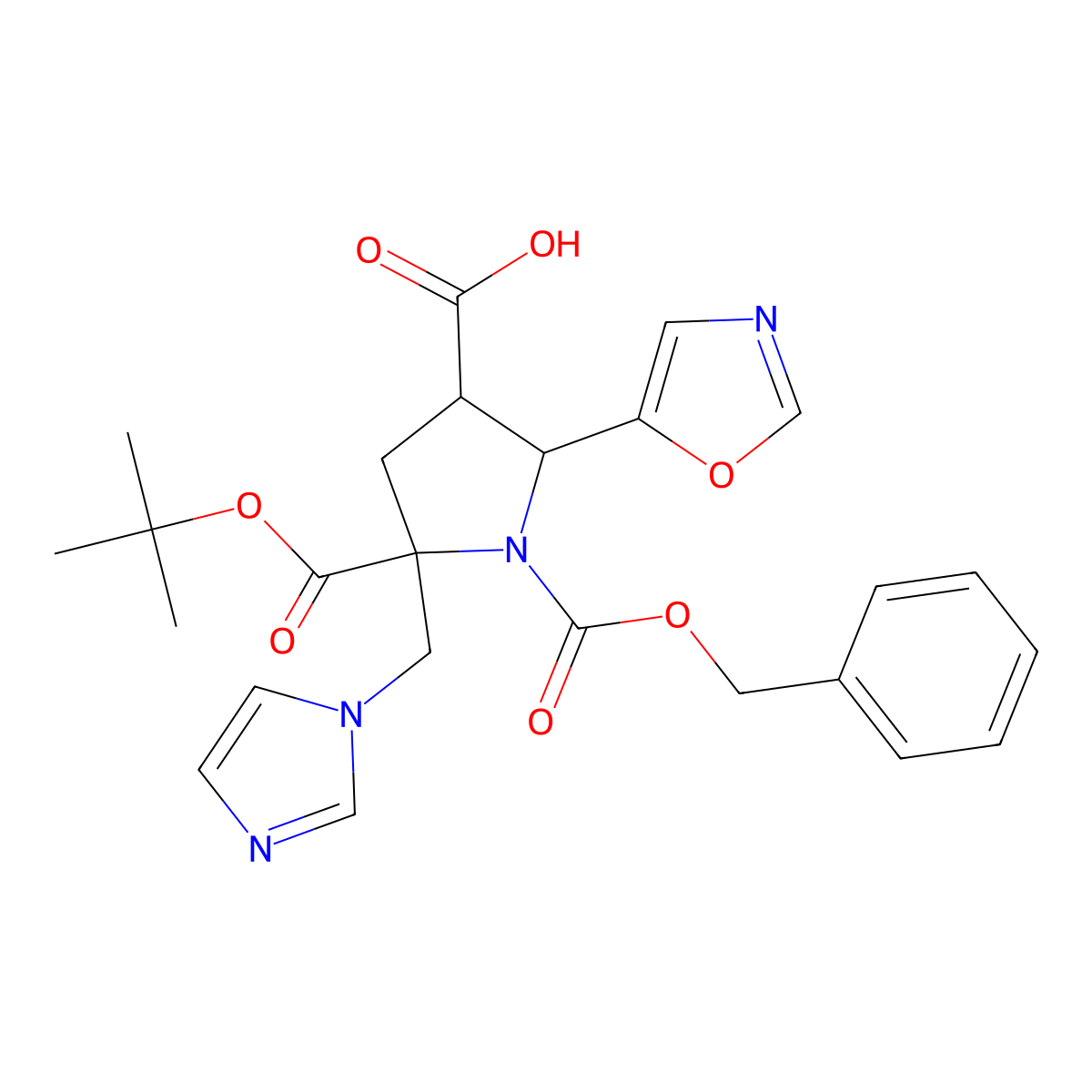 (2R,3S,5R)-1-[(benzyloxy)carbonyl]-5-[(tert-butoxy)carbonyl]-5-[(1H-imidazol-1-yl)methyl]-2-(1,3-oxazol-5-yl)pyrrolidine-3-carboxylic acid molecular structure, CAS 1486472-97-2
