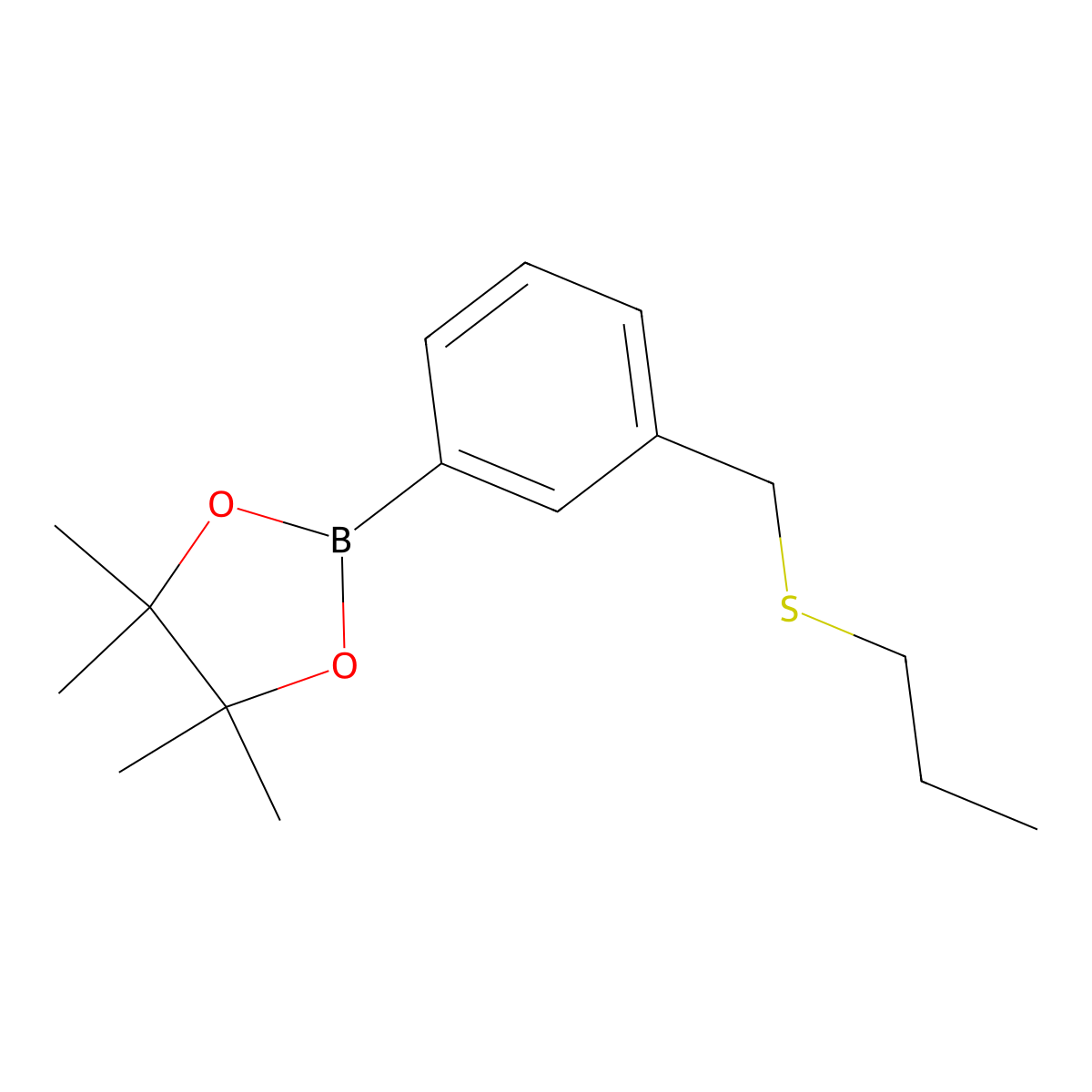 4,4,5,5-Tetramethyl-2-{3-[(propylsulfanyl)methyl]phenyl}-1,3,2-dioxaborolane molecular structure, CAS 1486485-27-1