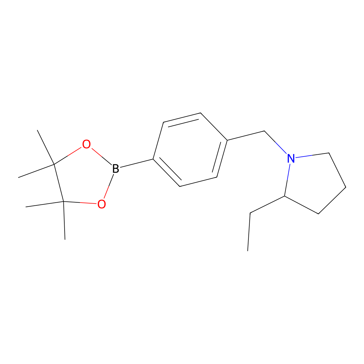 2-Ethyl-1-{[4-(tetramethyl-1,3,2-dioxaborolan-2-yl)phenyl]methyl}pyrrolidine molecular structure, CAS 1486485-51-1
