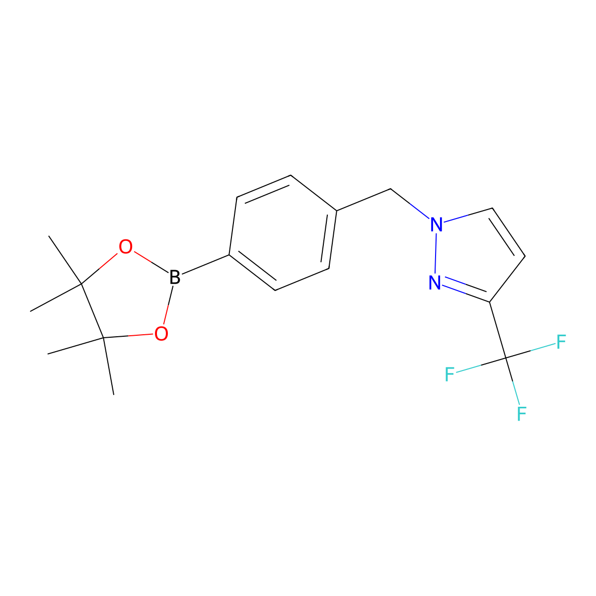 1-{[4-(tetramethyl-1,3,2-dioxaborolan-2-yl)phenyl]methyl}-3-(trifluoromethyl)-1H-pyrazole molecular structure, CAS 1486485-54-4