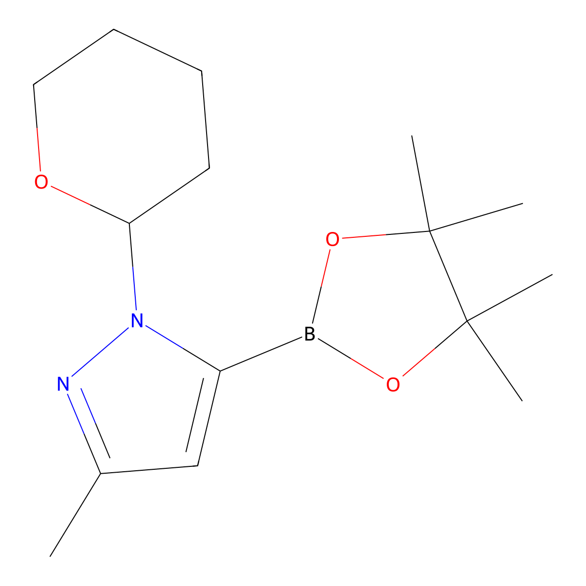 3-methyl-1-(oxan-2-yl)-5-(tetramethyl-1,3,2-dioxaborolan-2-yl)-1H-pyrazole molecular structure, CAS 1486485-62-4