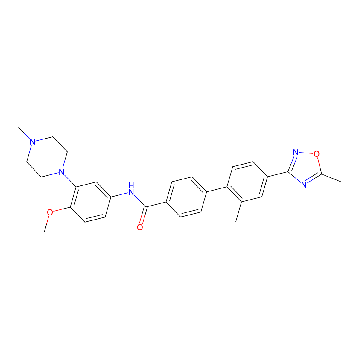 N-(4-Methoxy-3-(4-methyl-1-piperazinyl)phenyl)-2'-methyl-4'-(5-methyl-1,2,4-oxadiazol-3-yl)(1,1'-biphenyl)-4-carboxamide molecular structure, CAS 148672-13-3