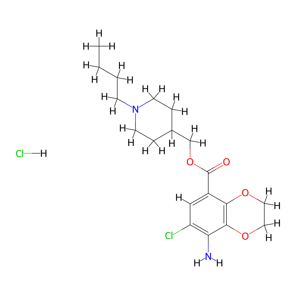 1,4-Benzodioxin-5-carboxylic acid, 8-amino-7-chloro-2,3-dihydro-, (1-butyl-4-piperidinyl)methyl ester, hydrochloride (1:1) molecular structure, CAS 148688-01-1
