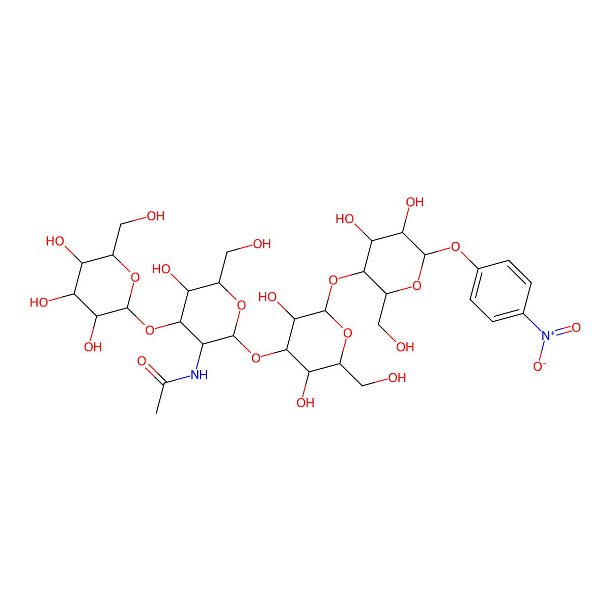 4-Nitrophenyl alpha-L-allopyranosyl-(1->3)-2-acetamido-2-deoxy-alpha-L-gulopyranosyl-(1->3)-alpha-L-allopyranosyl-(1->4)-alpha-L-gulopyranoside molecular structure, CAS 148705-09-3