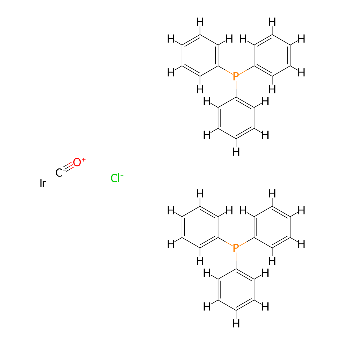 Carbonylchlorobis(triphenylphosphine)iridium, trans- molecular structure, CAS 14871-41-1