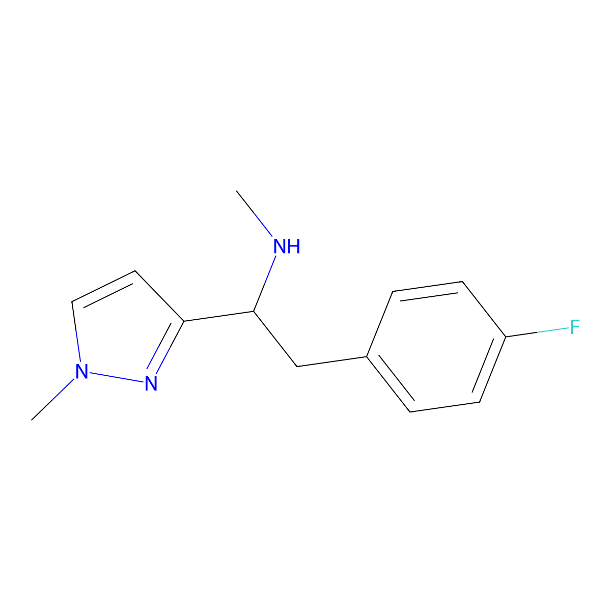 [2-(4-fluorophenyl)-1-(1-methyl-1H-pyrazol-3-yl)ethyl](methyl)amine molecular structure, CAS 1487140-60-2