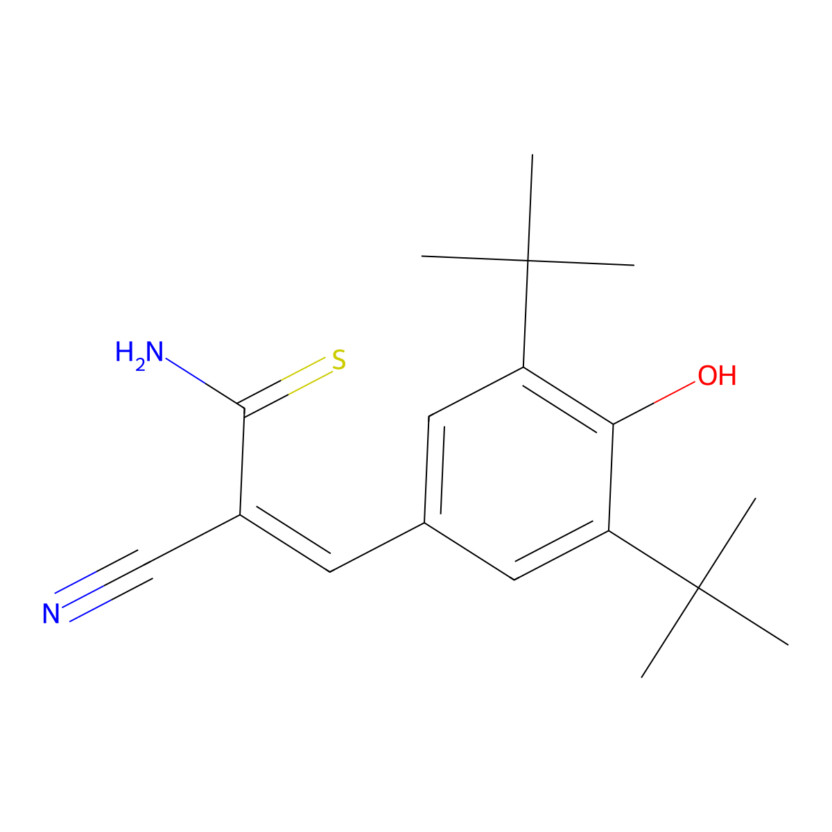 2-Propenethioamide, 3-(3,5-bis(1,1-dimethylethyl)-4-hydroxyphenyl)-2-cyano-, (E)- molecular structure, CAS 148741-30-4
