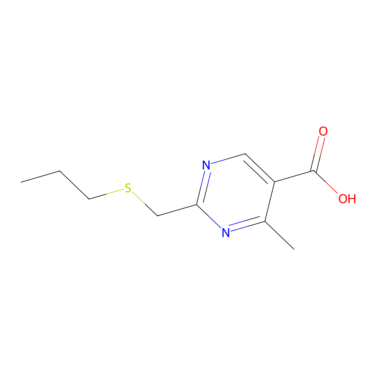 4-Methyl-2-((propylthio)methyl)pyrimidine-5-carboxylic acid molecular structure, CAS 1487825-85-3