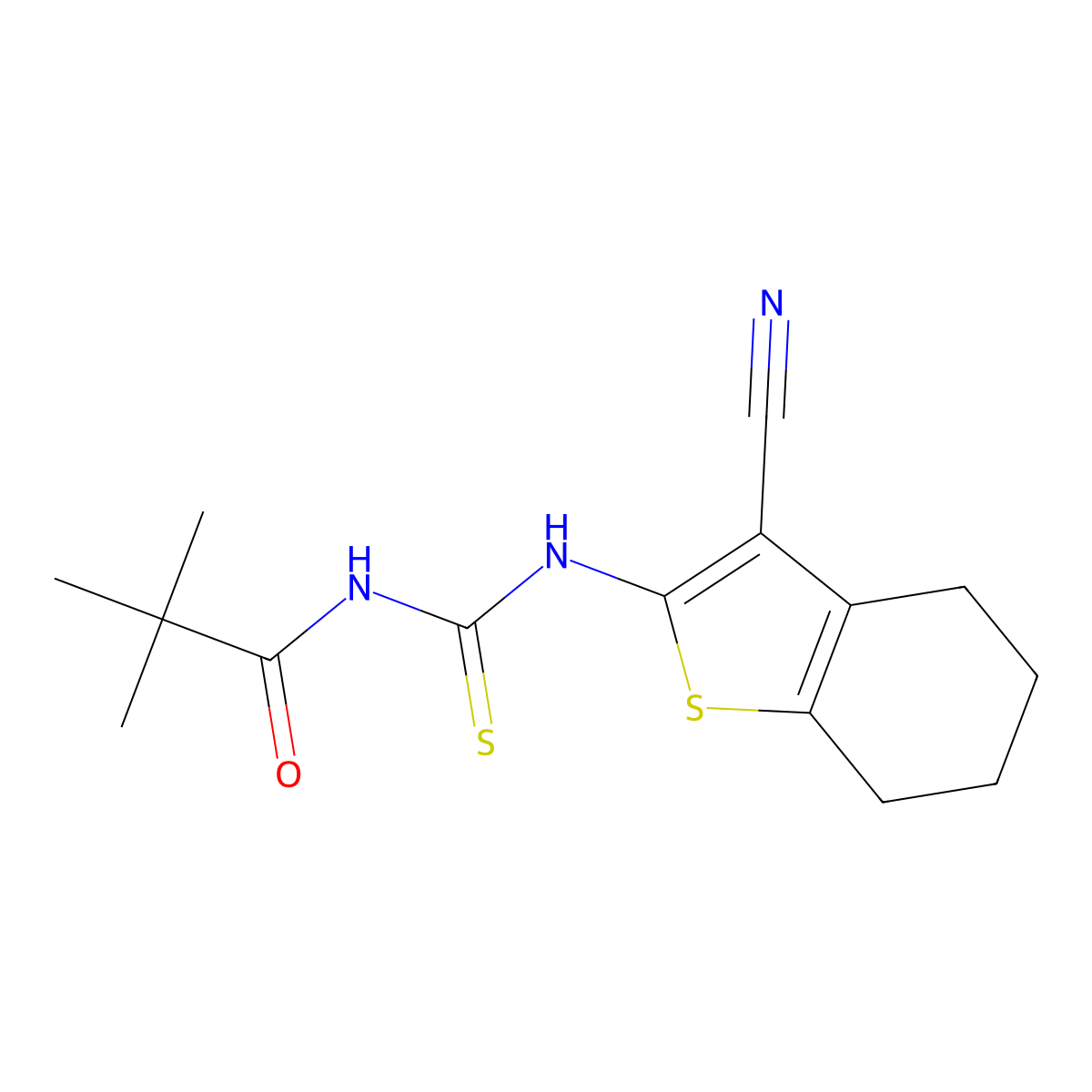 N-[(3-cyano-4,5,6,7-tetrahydro-1-benzothiophen-2-yl)carbamothioyl]-2,2-dimethylpropanamide molecular structure, CAS 148787-31-9
