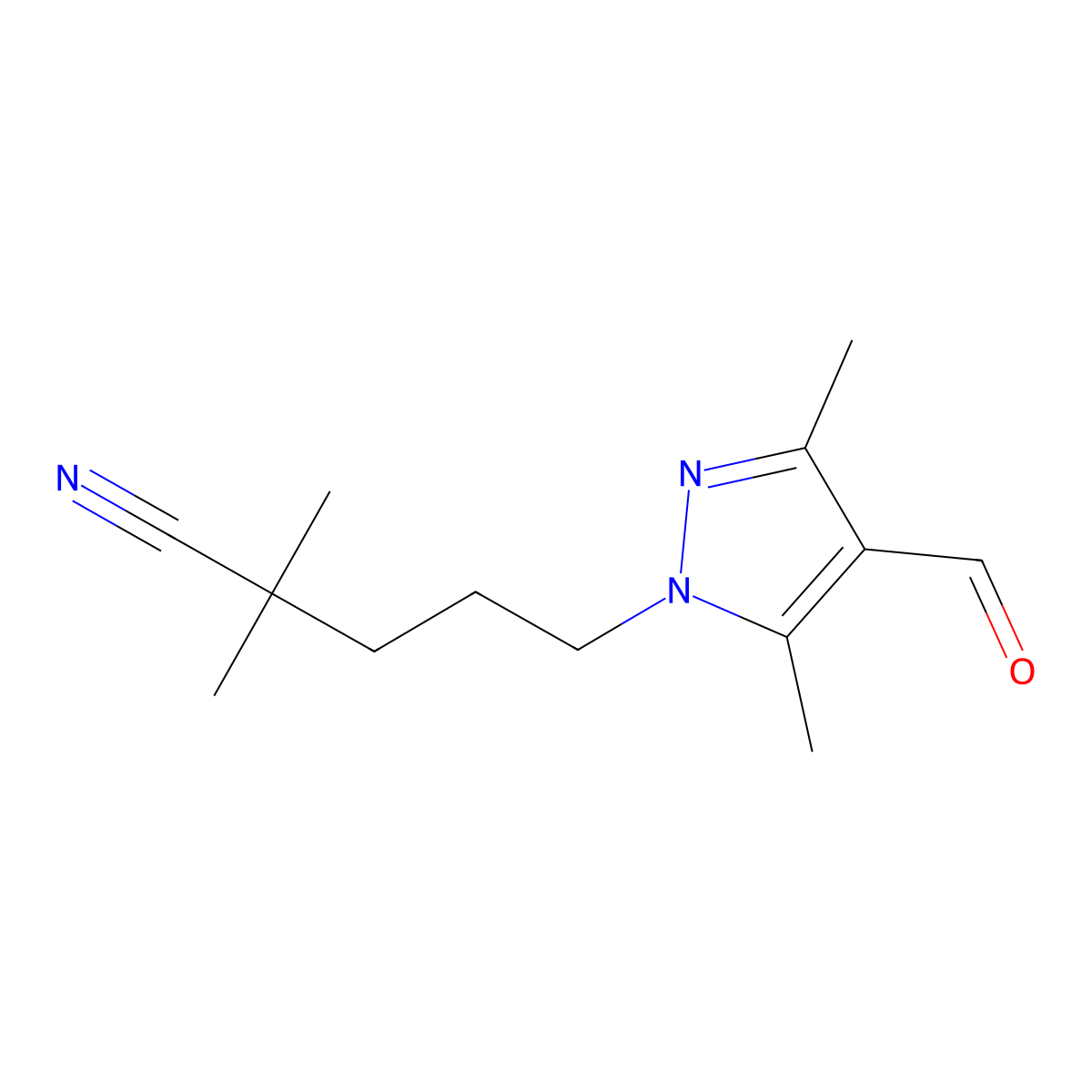 5-(4-formyl-3,5-dimethyl-1H-pyrazol-1-yl)-2,2-dimethylpentanenitrile molecular structure, CAS 1487953-16-1