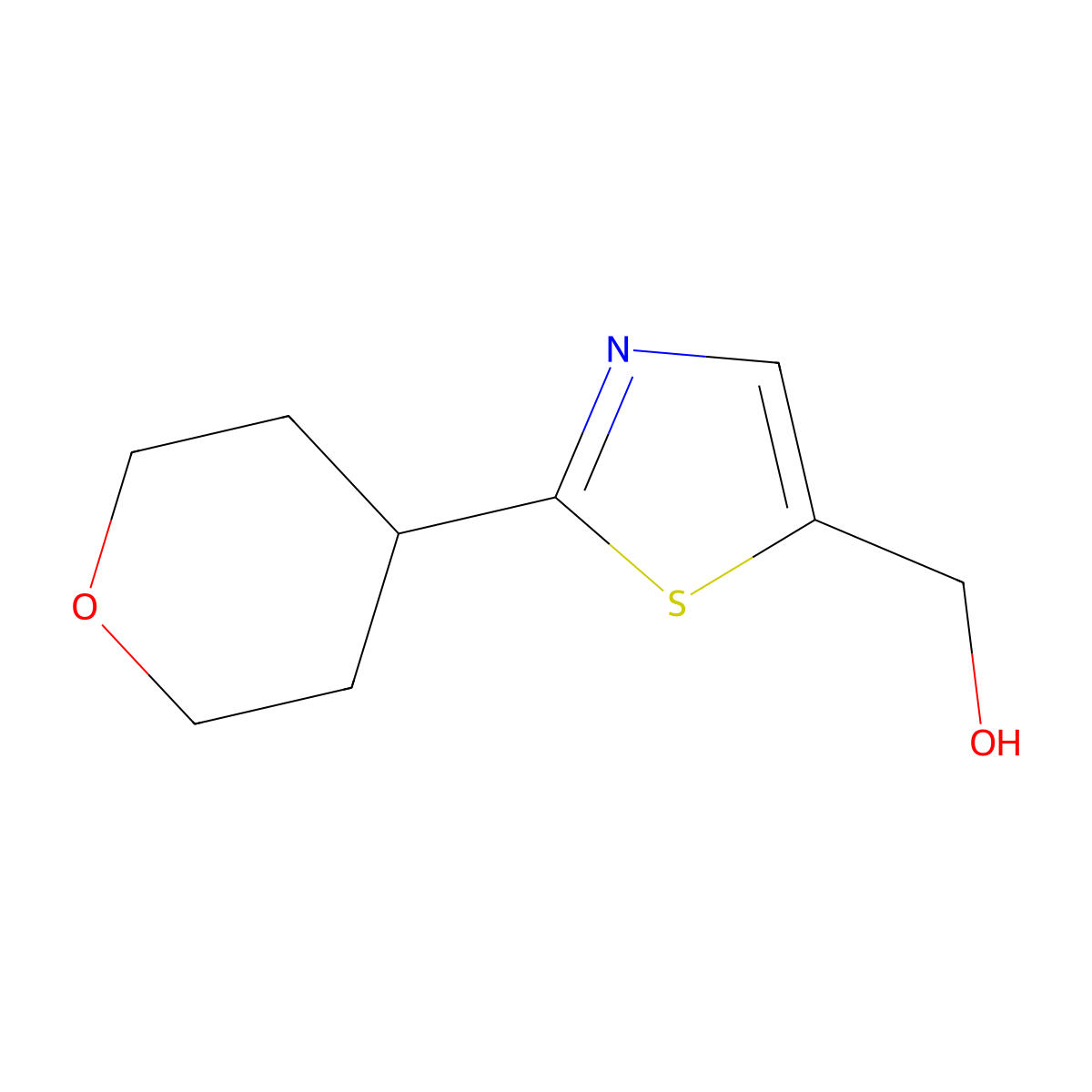 (2-(Tetrahydro-2H-pyran-4-yl)thiazol-5-yl)methanol molecular structure, CAS 1488258-08-7