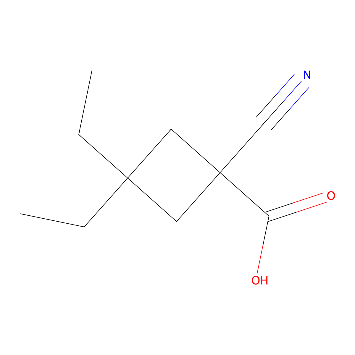 1-Cyano-3,3-diethylcyclobutane-1-carboxylic acid molecular structure, CAS 1488276-31-8