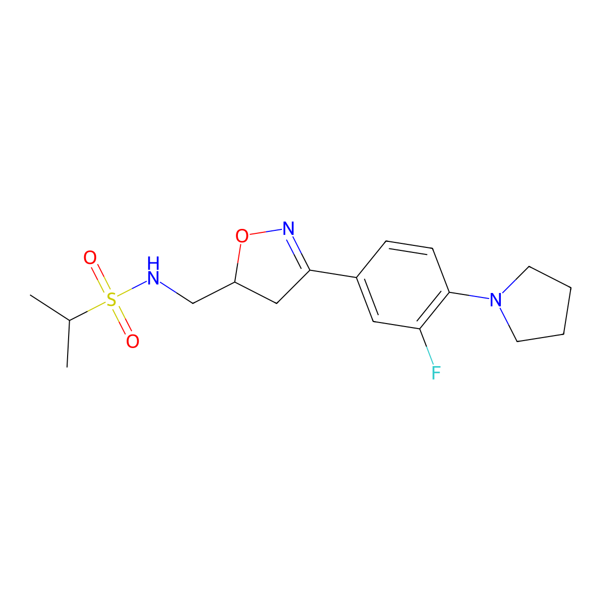 N-[[(5S)-3-(3-fluoro-4-pyrrolidin-1-ylphenyl)-4,5-dihydro-1,2-oxazol-5-yl]methyl]propane-2-sulfonamide molecular structure, CAS 1488407-52-8