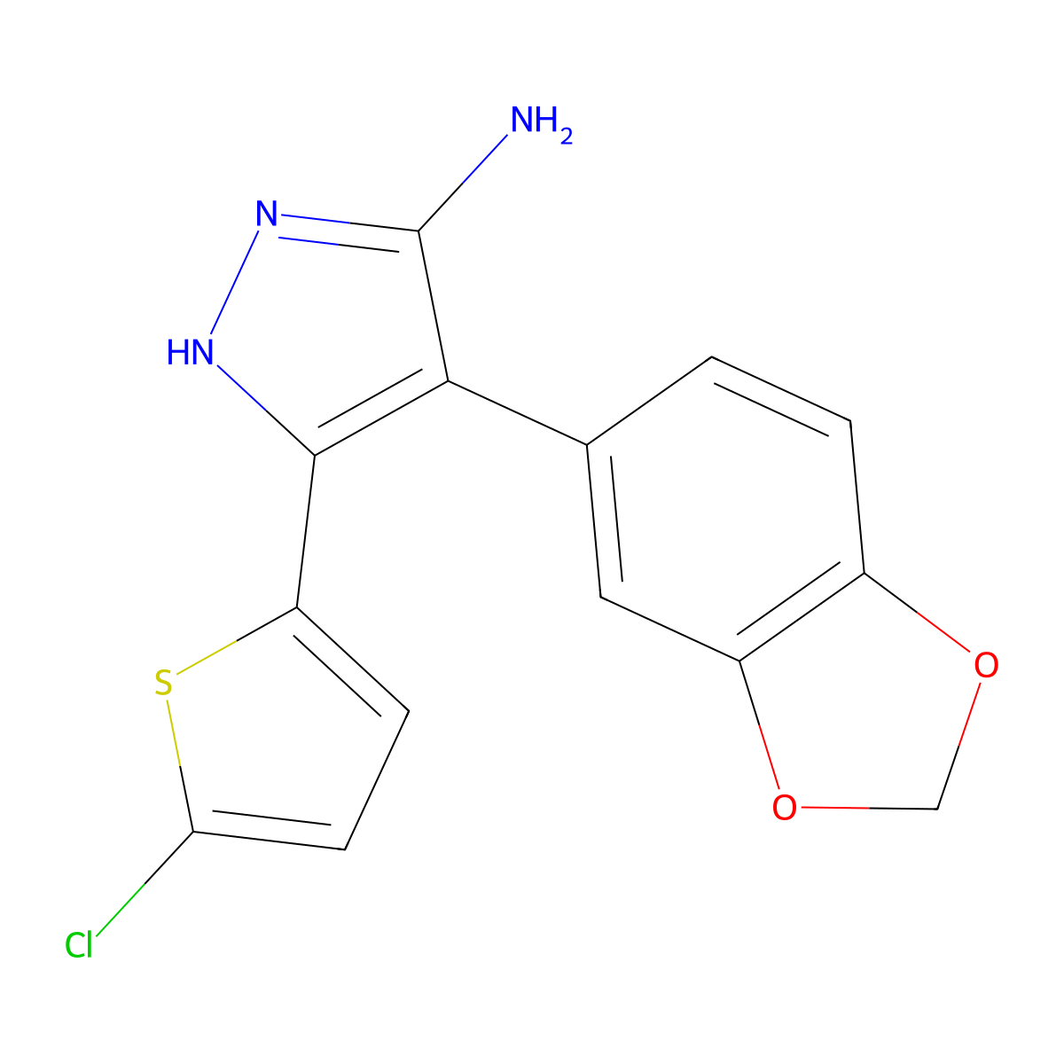 4-(2H-1,3-benzodioxol-5-yl)-3-(5-chlorothiophen-2-yl)-1H-pyrazol-5-amine molecular structure, CAS 1488411-01-3
