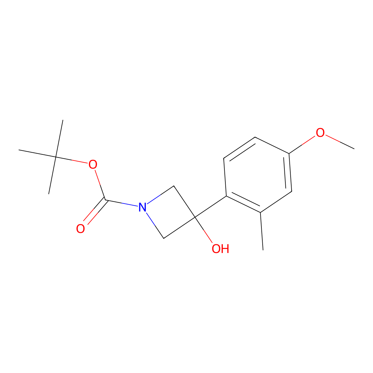 1,1-Dimethylethyl 3-hydroxy-3-(4-methoxy-2-methylphenyl)-1-azetidinecarboxylate molecular structure, CAS 1488531-38-9