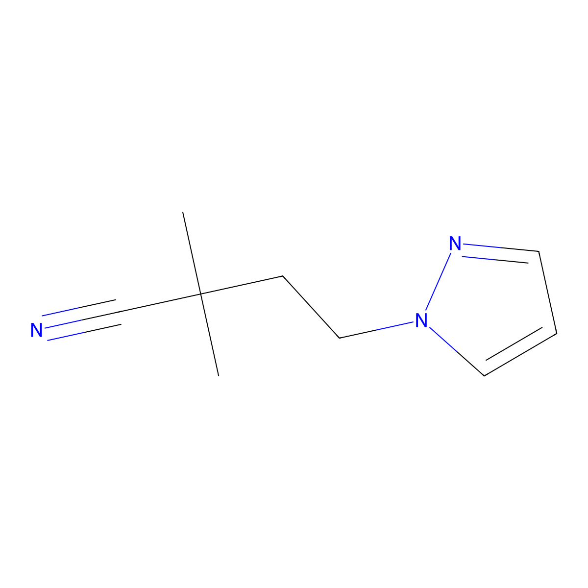2,2-dimethyl-4-(1H-pyrazol-1-yl)butanenitrile molecular structure, CAS 1488723-41-6