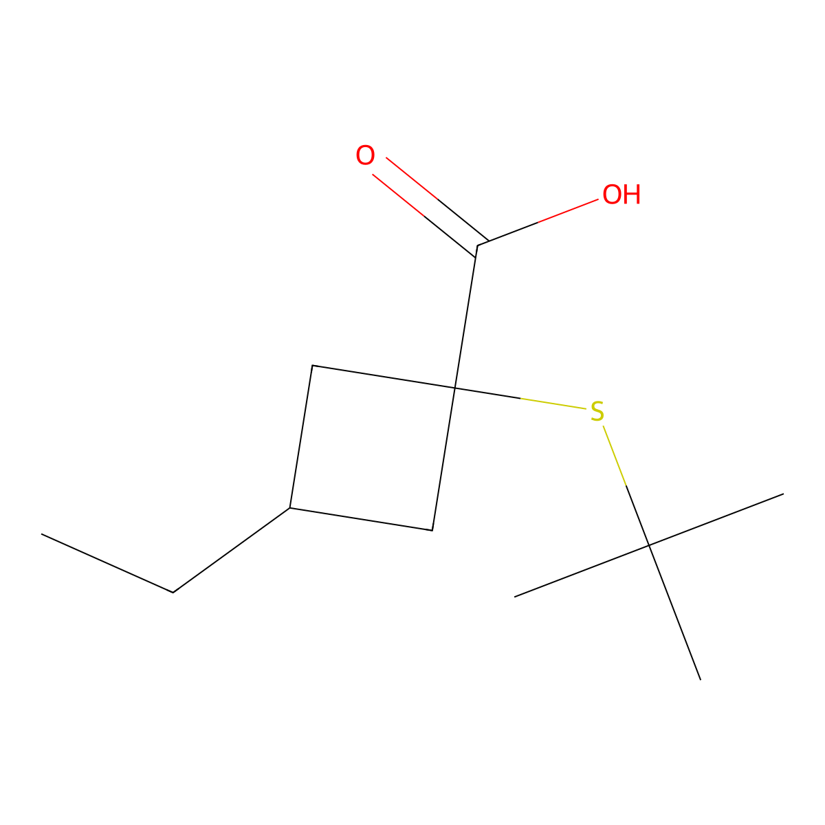 1-(Tert-butylthio)-3-ethylcyclobutane-1-carboxylic acid molecular structure, CAS 1489157-79-0