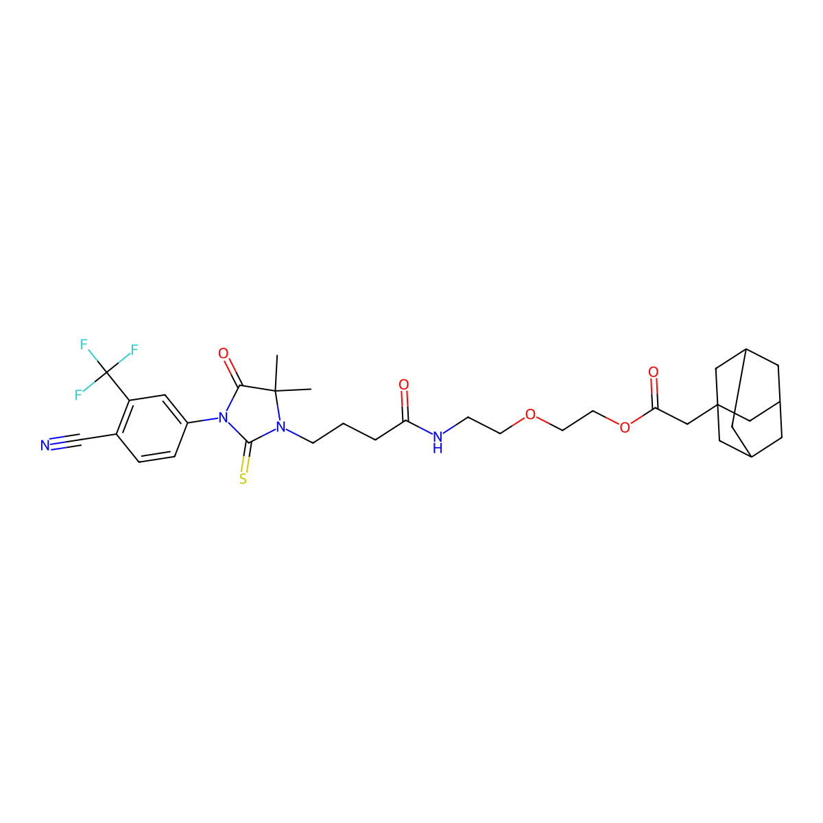 2-(2-(4-(3-(4-Cyano-3-(trifluoromethyl)phenyl)-5,5-dimethyl-4-oxo-2-thioxoimidazolidin-1-yl)butanamido)ethoxy)ethyl 2-(adamantan-1-yl)acetate molecular structure, CAS 1489236-55-6