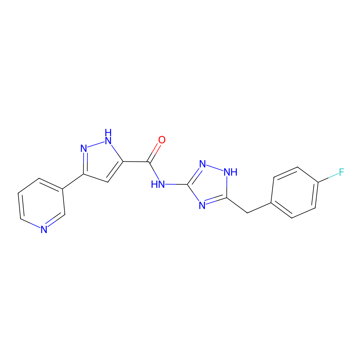 N-(3-(4-Fluorobenzyl)-1H-1,2,4-triazol-5-yl)-5-(pyridin-3-yl)-1H-pyrazole-3-carboxamide molecular structure, CAS 1489255-89-1