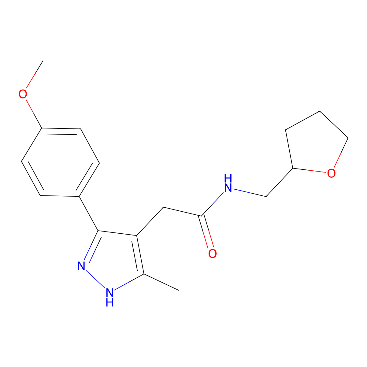 2-[5-(4-methoxyphenyl)-3-methyl-1H-pyrazol-4-yl]-N-(tetrahydro-2-furanylmethyl)acetamide molecular structure, CAS 1489256-23-6