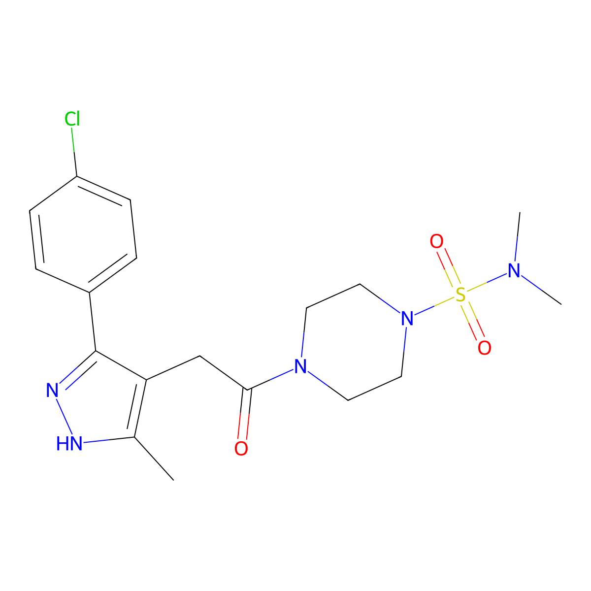 4-{2-[5-(4-chlorophenyl)-3-methyl-1H-pyrazol-4-yl]acetyl}-N,N-dimethyltetrahydro-1(2H)-pyrazinesulfonamide molecular structure, CAS 1489256-62-3