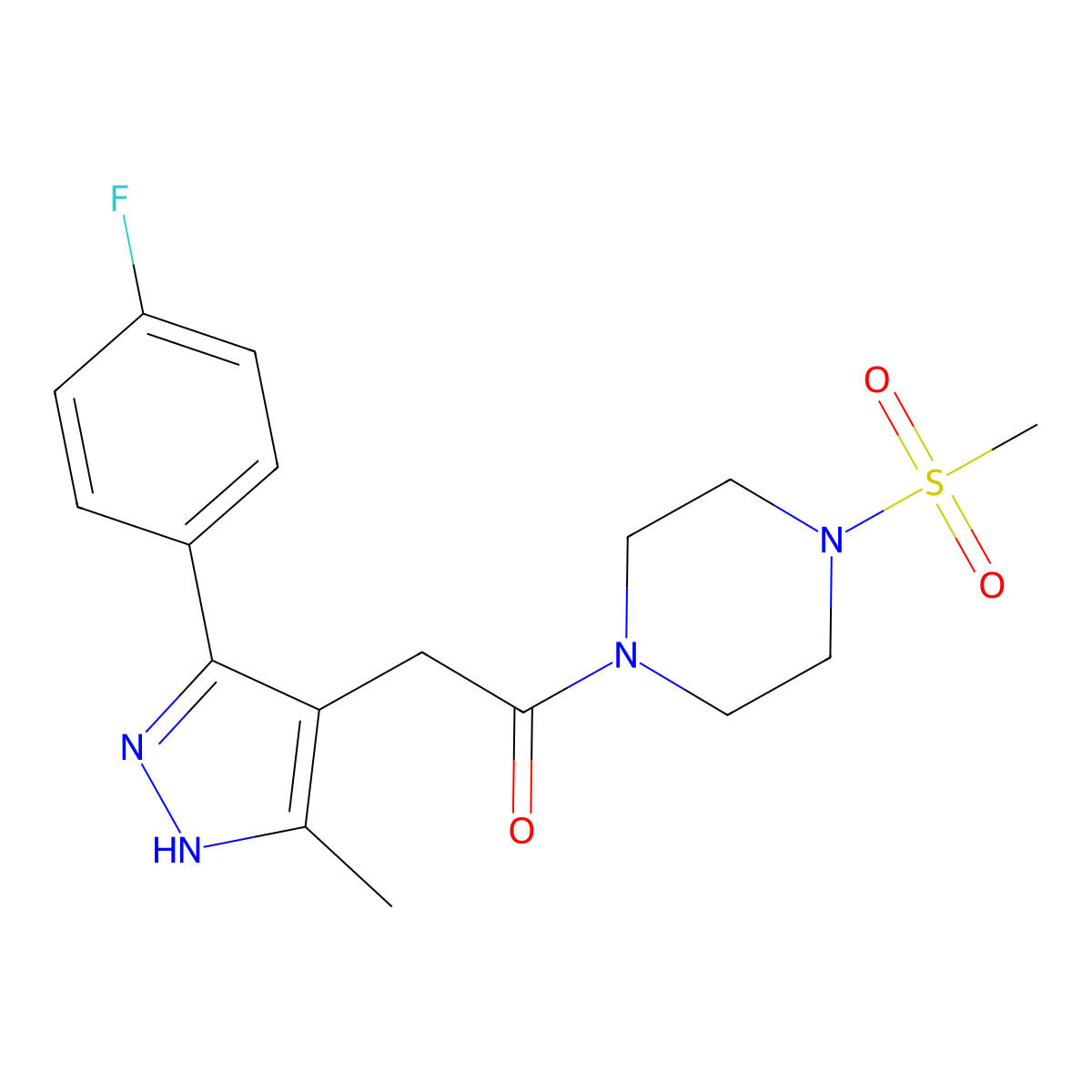 2-[5-(4-fluorophenyl)-3-methyl-1H-pyrazol-4-yl]-1-[4-(methylsulfonyl)piperazin-1-yl]ethanone molecular structure, CAS 1489257-13-7