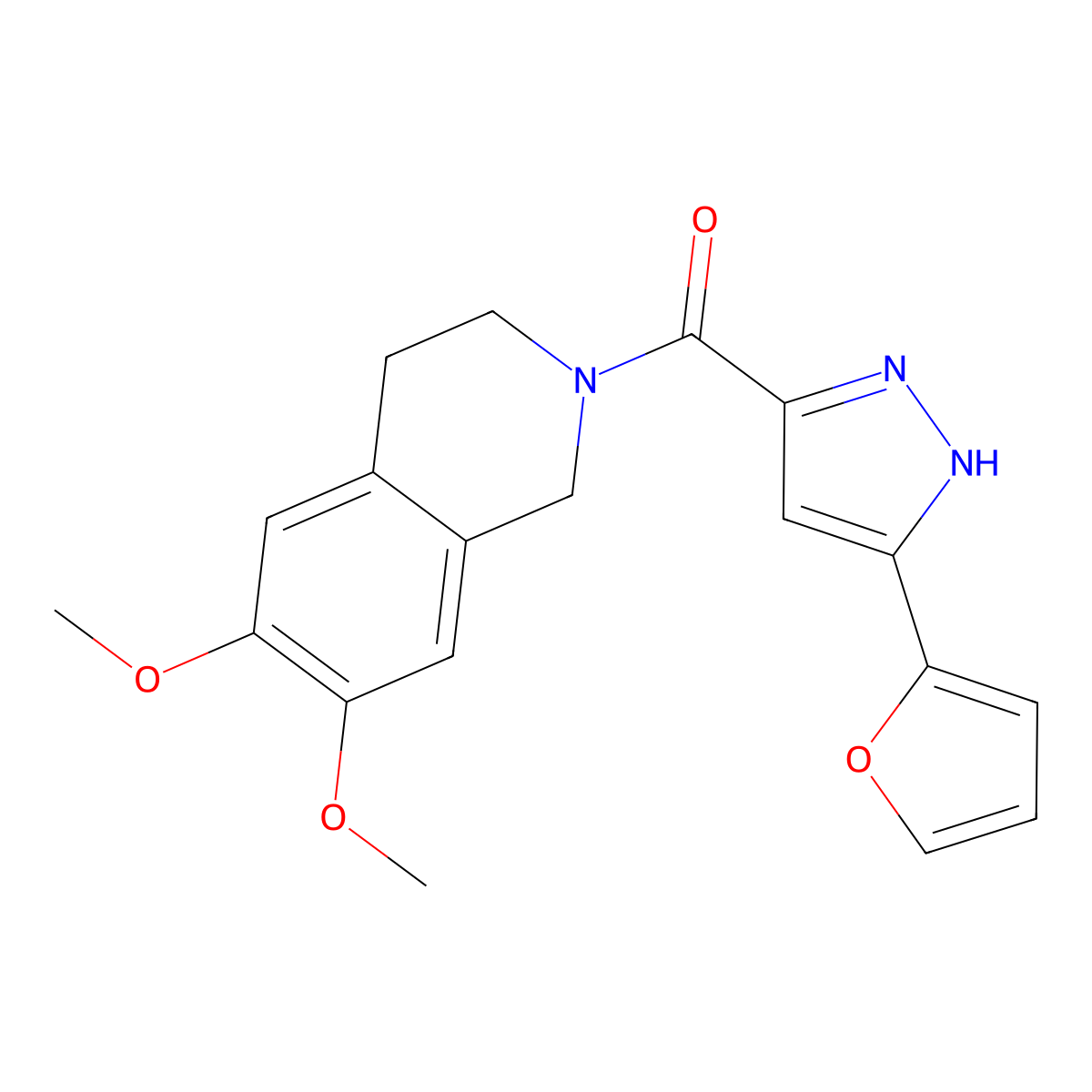 [6,7-dimethoxy-3,4-dihydro-2(1H)-isoquinolinyl][5-(2-furyl)-1H-pyrazol-3-yl]methanone molecular structure, CAS 1489257-75-1
