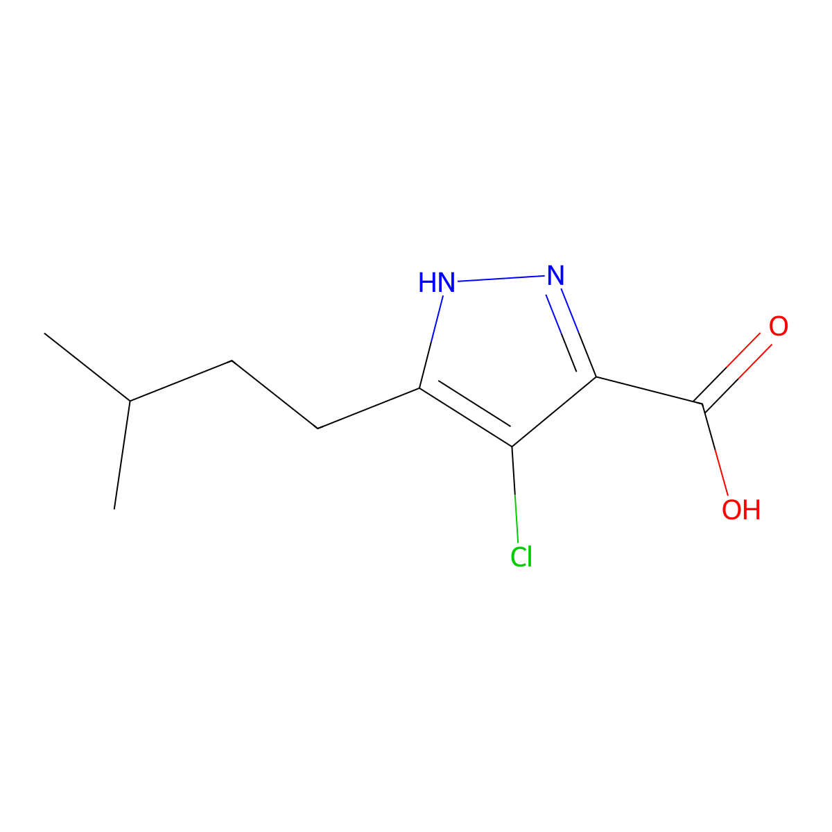 4-chloro-5-(3-methylbutyl)-1H-pyrazole-3-carboxylic acid molecular structure, CAS 1489257-81-9