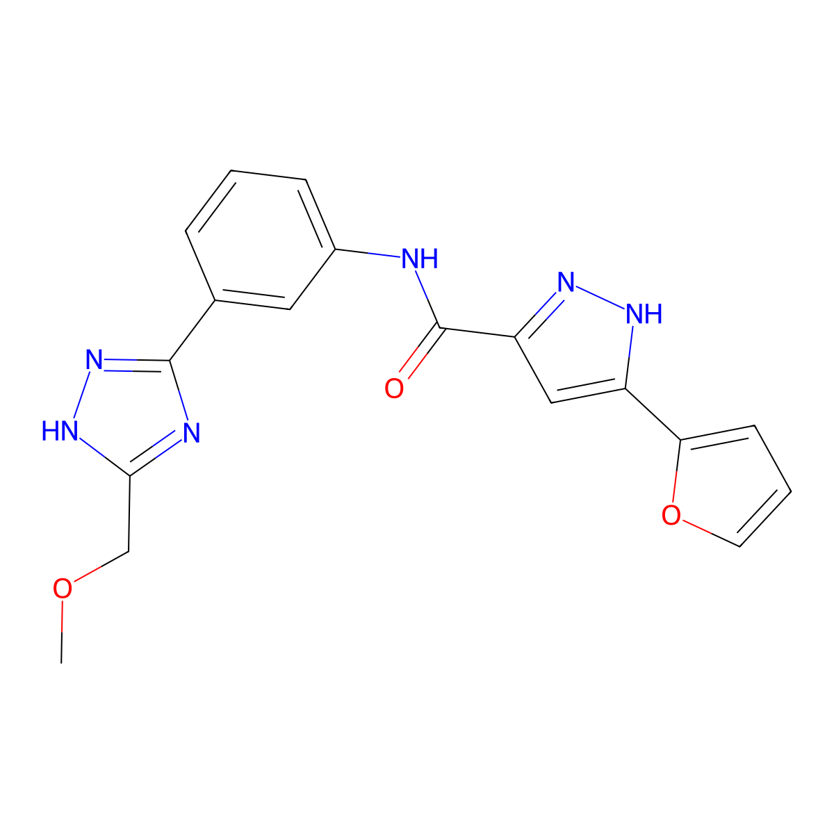 5-(furan-2-yl)-N-{3-[3-(methoxymethyl)-1H-1,2,4-triazol-5-yl]phenyl}-1H-pyrazole-3-carboxamide molecular structure, CAS 1489257-95-5