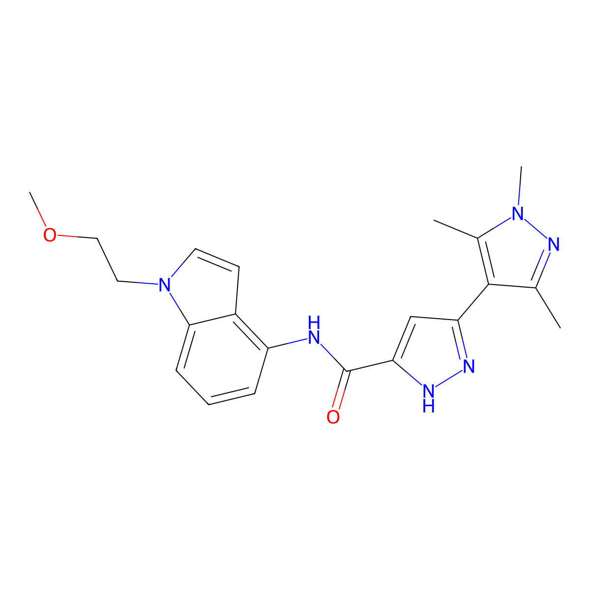 N-[1-(2-methoxyethyl)-1H-indol-4-yl]-1',3',5'-trimethyl-1'H,2H-3,4'-bipyrazole-5-carboxamide molecular structure, CAS 1489257-96-6