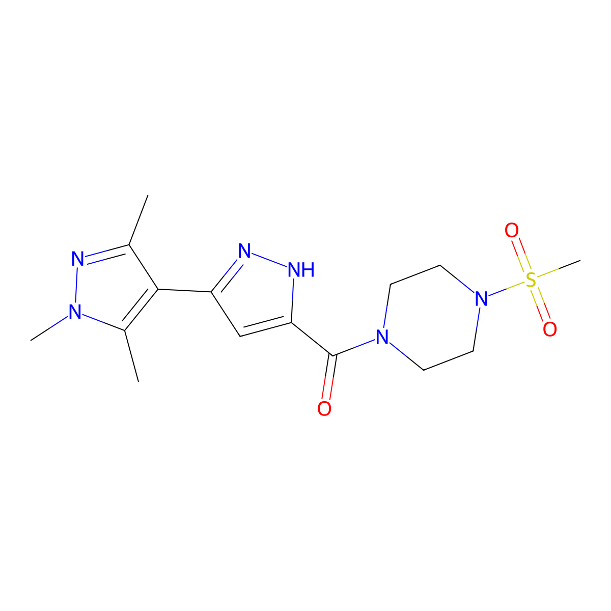 1',3',5'-trimethyl-5-{[4-(methylsulfonyl)piperazin-1-yl]carbonyl}-1'{H},2{H}-3,4'-bipyrazole molecular structure, CAS 1489258-01-6