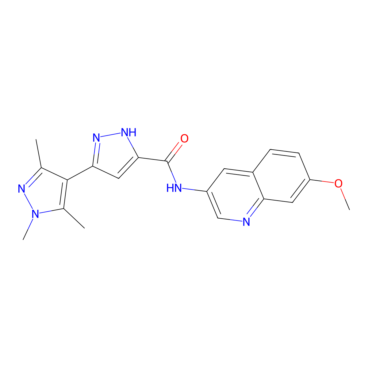 N-(7-methoxyquinolin-3-yl)-1',3',5'-trimethyl-1'H,2H-3,4'-bipyrazole-5-carboxamide molecular structure, CAS 1489258-04-9