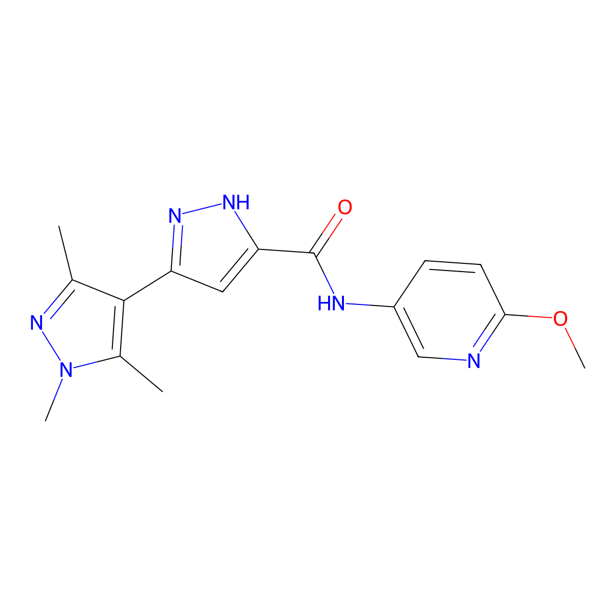 N-(6-methoxypyridin-3-yl)-1',3',5'-trimethyl-1'H,2H-3,4'-bipyrazole-5-carboxamide molecular structure, CAS 1489258-33-4