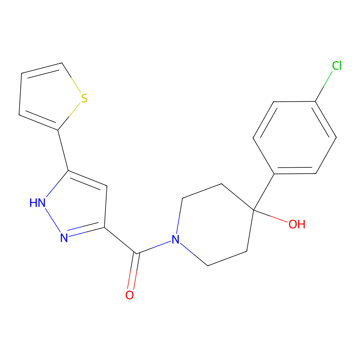 [4-(4-chlorophenyl)-4-hydroxypiperidino][5-(2-thienyl)-1H-pyrazol-3-yl]methanone molecular structure, CAS 1489258-39-0