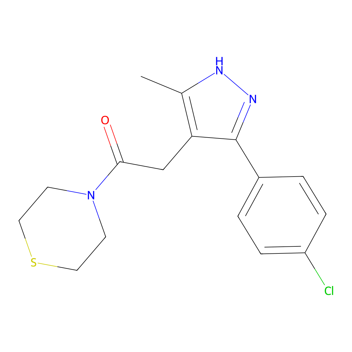 2-[5-(4-chlorophenyl)-3-methyl-1H-pyrazol-4-yl]-1-(thiomorpholin-4-yl)ethanone molecular structure, CAS 1489260-00-5