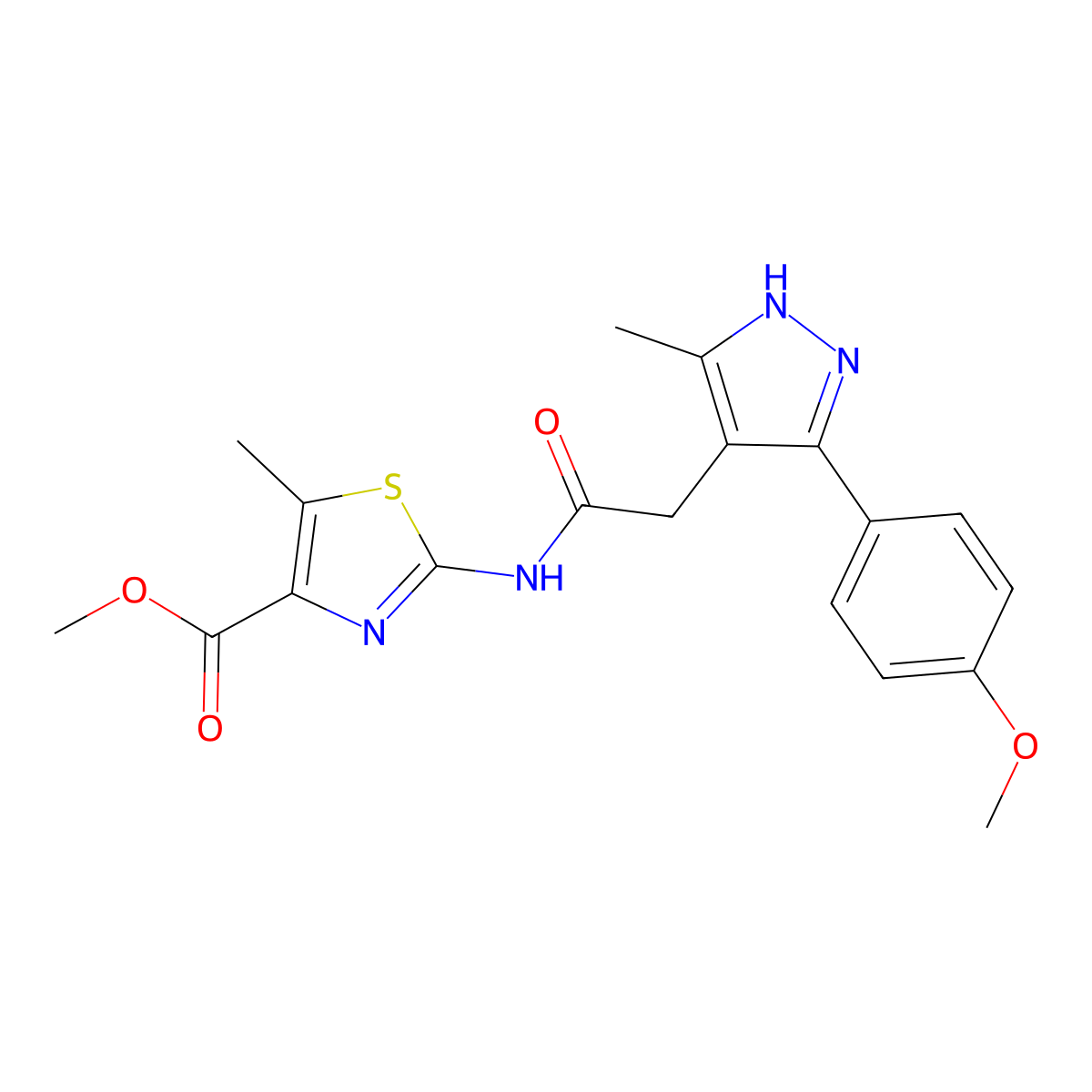 methyl 2-({[3-(4-methoxyphenyl)-5-methyl-1H-pyrazol-4-yl]acetyl}amino)-5-methyl-1,3-thiazole-4-carboxylate molecular structure, CAS 1489260-15-2