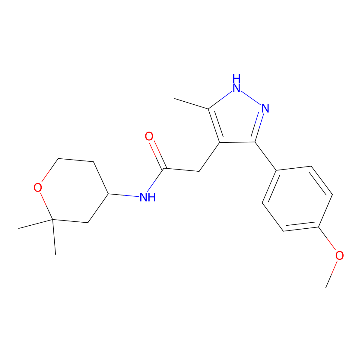 N-(2,2-dimethyltetrahydro-2H-pyran-4-yl)-2-[5-(4-methoxyphenyl)-3-methyl-1H-pyrazol-4-yl]acetamide molecular structure, CAS 1489260-56-1