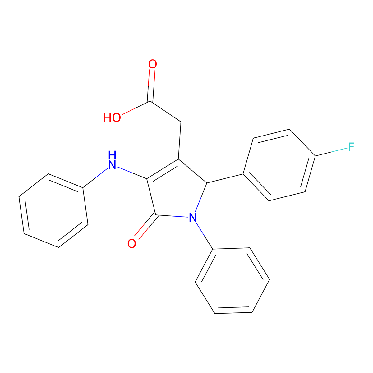 1H-Pyrrole-3-acetic acid, 2,5-dihydro-2-(4-fluorophenyl)-5-oxo-1-phenyl-4-(phenylamino)- molecular structure, CAS 148930-17-0