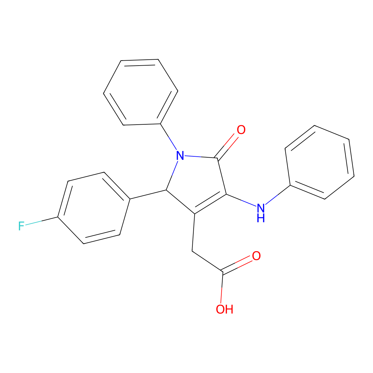 1H-Pyrrole-3-acetic acid, 2,5-dihydro-2-(4-fluorophenyl)-5-oxo-1-phenyl-4-(phenylamino)- molecular structure, CAS 148930-17-0