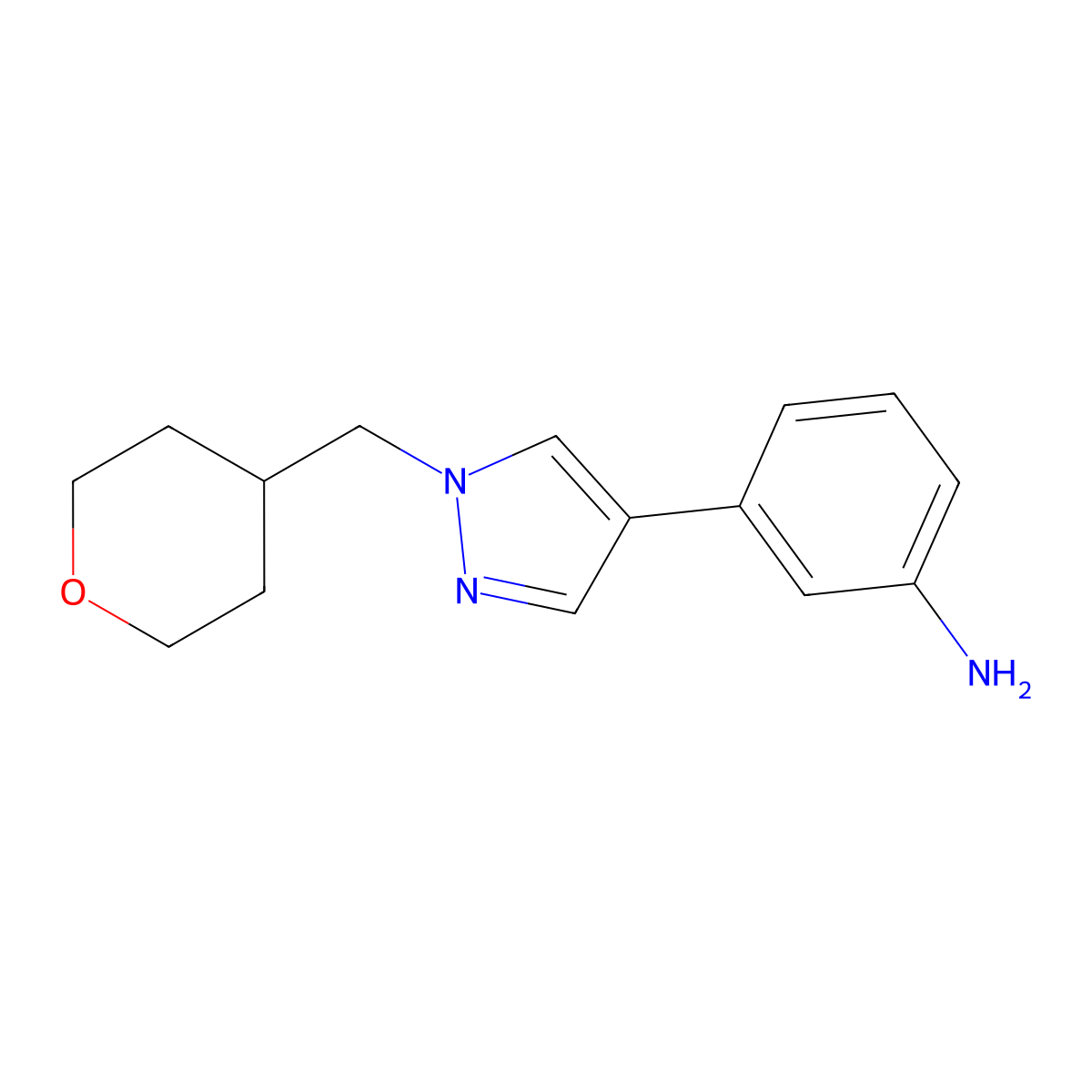 3-(1-((Tetrahydro-2H-pyran-4-yl)methyl)-1H-pyrazol-4-yl)aniline molecular structure, CAS 1489563-05-4