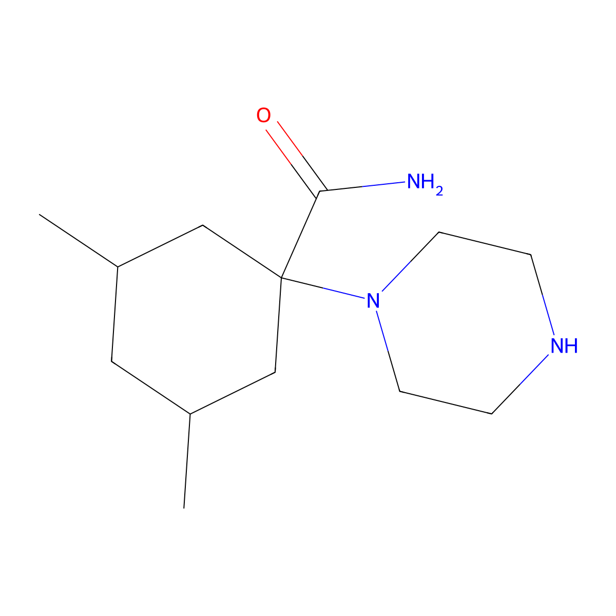 3,5-Dimethyl-1-(piperazin-1-yl)cyclohexane-1-carboxamide molecular structure, CAS 1489661-46-2