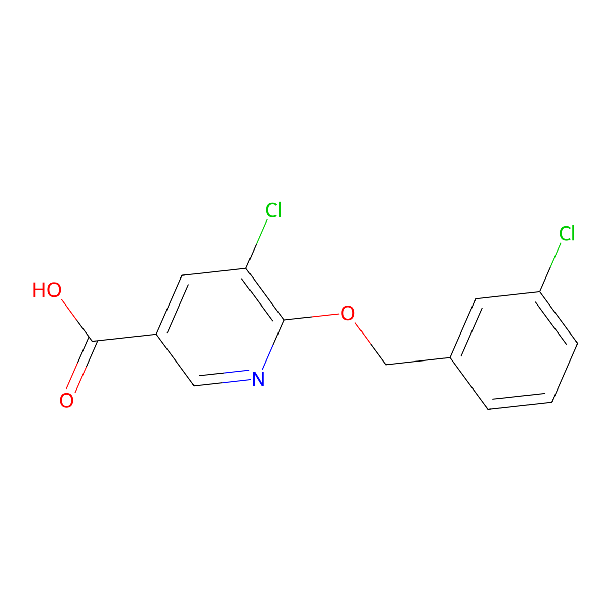 5-Chloro-6-[(3-chlorophenyl)methoxy]pyridine-3-carboxylic acid molecular structure, CAS 1489854-56-9