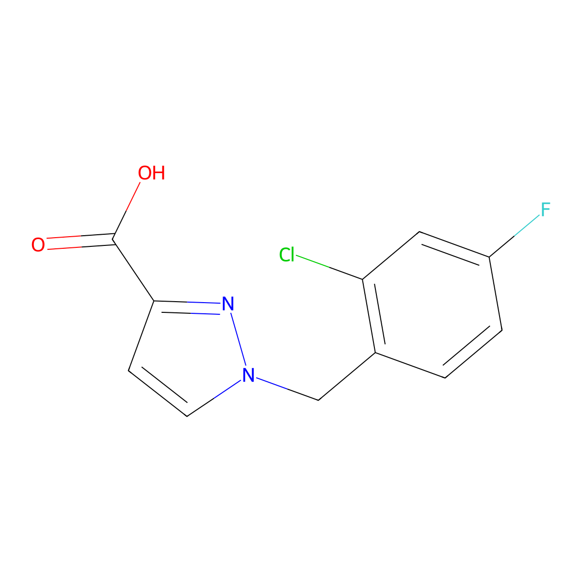 1-(2-Chloro-4-fluorobenzyl)-1H-pyrazole-3-carboxylic acid molecular structure, CAS 1489912-09-5