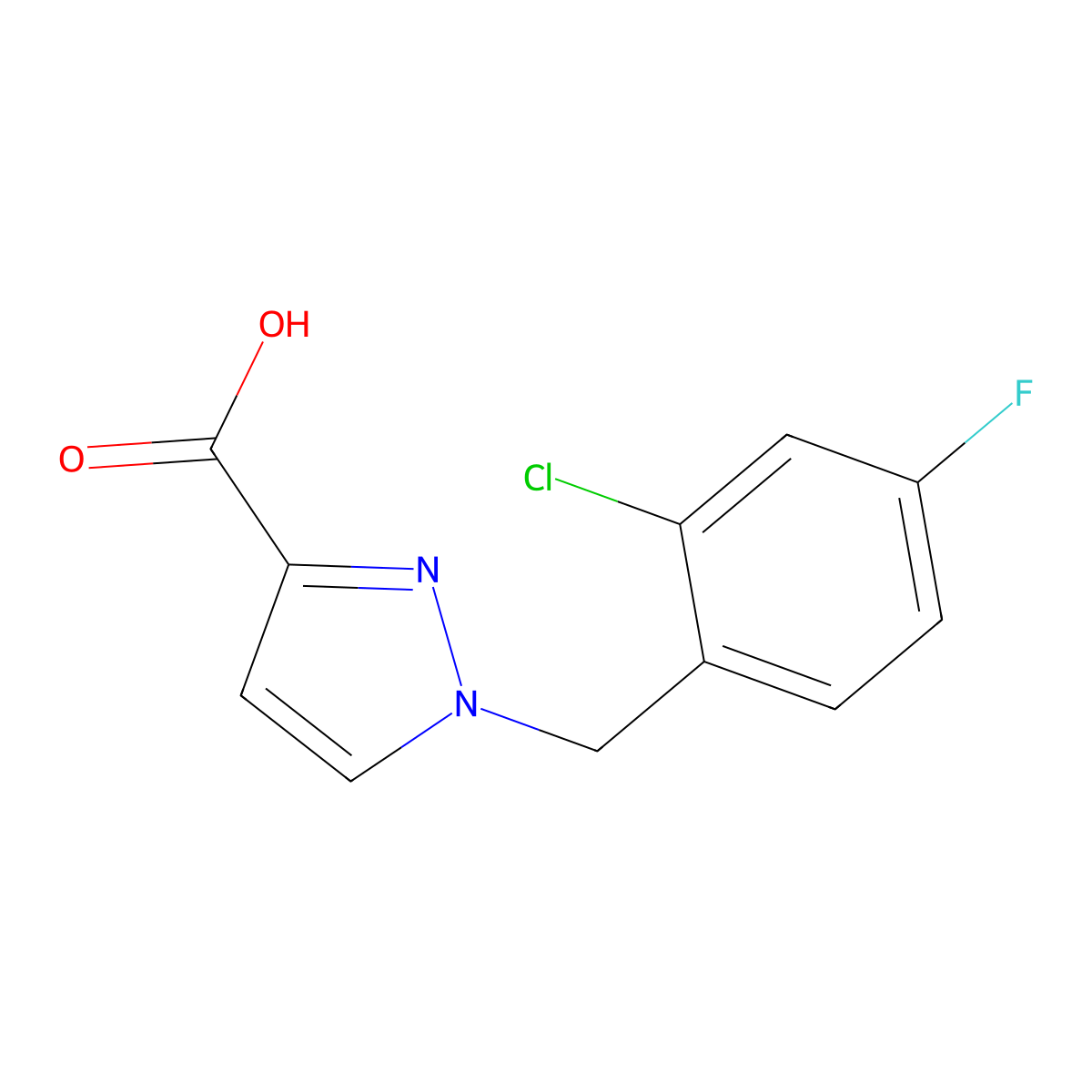 1-(2-Chloro-4-fluorobenzyl)-1H-pyrazole-3-carboxylic acid molecular structure, CAS 1489912-09-5