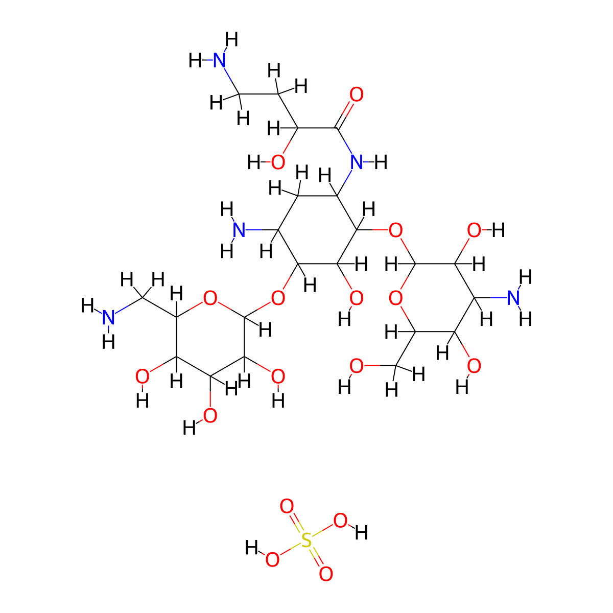 4-amino-N-[5-amino-2-[4-amino-3,5-dihydroxy-6-(hydroxymethyl)oxan-2-yl]oxy-4-[6-(aminomethyl)-3,4,5-trihydroxyoxan-2-yl]oxy-3-hydroxycyclohexyl]-2-hydroxybutanamide;sulfuric acid molecular structure, CAS 149022-22-0
